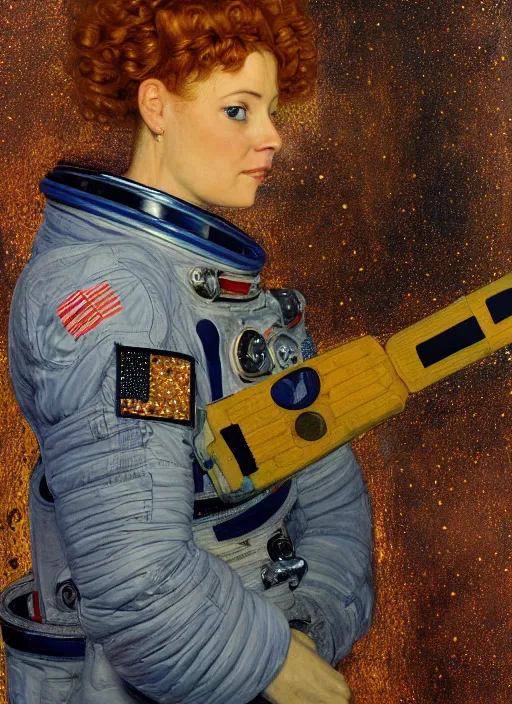 Prompt: woman astronaut in profile, holding a sword, painting by gustav klimt, detailed, ambient lighting, photo realistic, 8 k