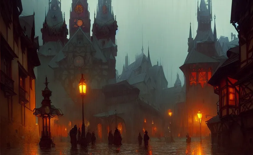 Image similar to an old medieval city with rainy atmosphere and moody and cinematic lighting by alphonse mucha, simon stalenhag and darek zabrocki, cinematic and atmospheric, concept art, artstation, trending on artstation