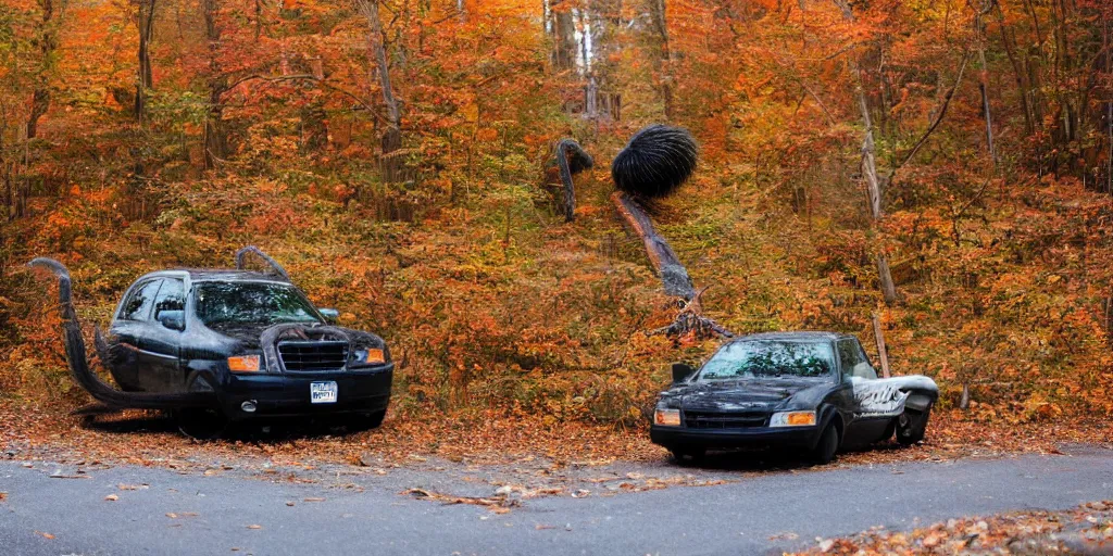 Image similar to A photo of a giant tarantula waits behind a car in autumn pennsylvania