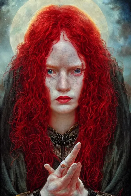 Prompt: beautiful red haired witch, painted by howard david johnson and james gurney, trending on artstation, symmetrical face, beautiful eyes, dramatic black lighting macro view mirrored, magic realism, lord of the rings, classicism