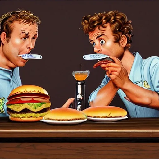 Prompt: trey parker and matt stone eating a massive big mac hamburger, extra pickles and onions, ultra detailed, style of norman rockwell, style of richard corben, 4 k, rule of thirds.