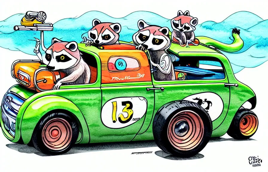 Image similar to cute and funny, racoon riding in a tiny hot rod coupe with oversized engine, ratfink style by ed roth, centered award winning watercolor pen illustration, isometric illustration by chihiro iwasaki, edited by range murata