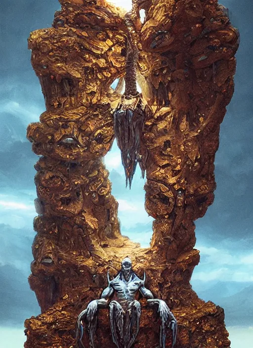 Prompt: hyper realistic photography of intricate symmetric strange alien bone god sitting on ruined ornamented rock throne in a crystal cave detailed, greg rutkowski, mignola, moebius, artstation, cgsociety