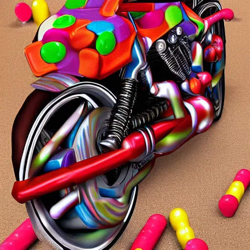 Image similar to motorcycle made out of candy, global illumination, photorealistic, in style of candyland poster