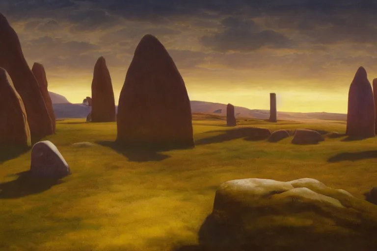 Image similar to circle of standing stones at dawn, dramatic cinematic lighting, rich colors, by William Dyce and ford madox brown and April Gornik and Caspar David Friedrich and Diego Rivera and Tyler Edlin and Nicholas Roerich, featured on artstation