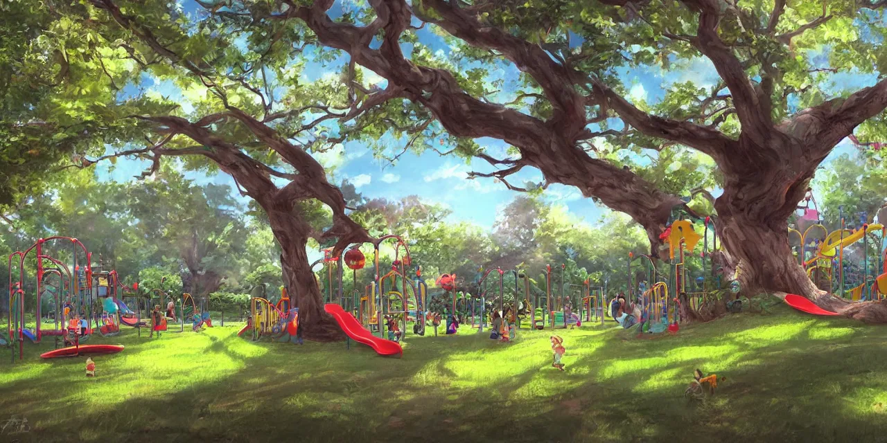 Prompt: 8 k ， an illustration of a children's playground under a big tree ， spring atmosphere ， by ashno alice and raja nanadepu ， trend on artgerm ， featured on artstation