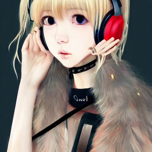 Image similar to realistic beautiful gorgeous natural cute Blackpink Lalisa Manoban blonde hair cute fur blonde cat ears, wearing summer outfit, wearing headphones, wearing black leather choker artwork drawn full HD 4K highest quality in artstyle by professional artists WLOP, Taejune Kim, Guweiz on Artstation Pixiv