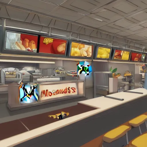 Image similar to mcdonalds kitchen, intricate cluttered visual novel background, busy, shiny, painterly, professional, trending on pixiv