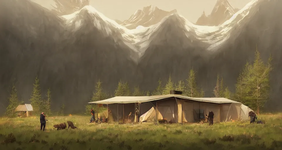 Image similar to cabela's beautiful comfortable modular insulated wall kit - house all weather family dwelling tent house, person in foreground, mountainous forested wilderness open fields, beautiful views, painterly concept art, joanna gaines, environmental concept art, farmhouse, magnolia, concept art illustration, by james gurney, by craig mullins, by greg rutkowski trending on artstation