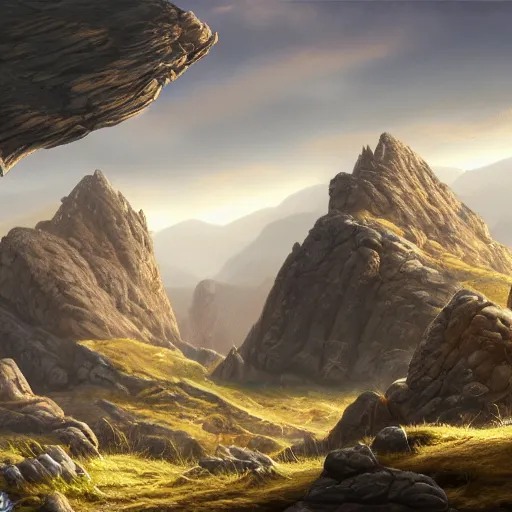 Prompt: The Sci-Fi stone landscape with large mountains in the background, wallpaper d&d art, fantasy, painted, 4k, high detail, sharp focus