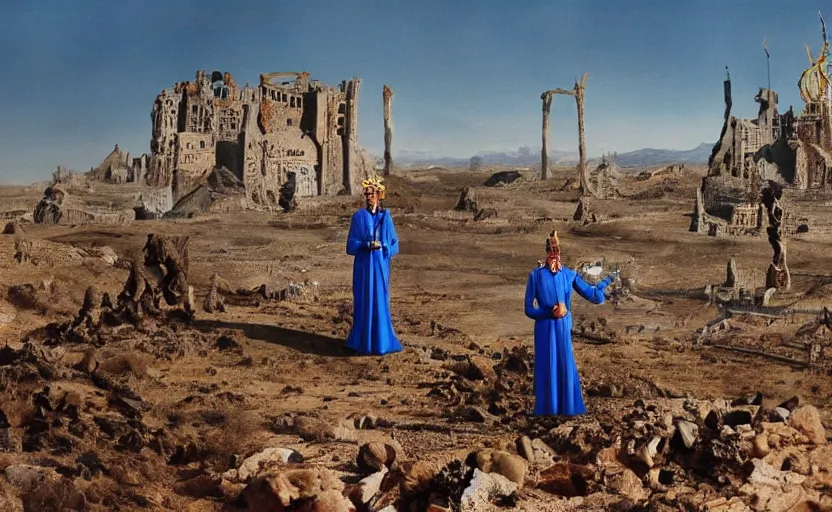 Image similar to salvador dali wearing a great crown with blue jewels and a scepter in a dry rocky desert landscape, visible sky and sunny atmosphere, alien city ruins in the background, film still from the movie by alejandro jodorowsky with cinematogrophy of christopher doyle and art direction by hans giger, anamorphic lens, kodakchrome, very detailed photo, 8 k