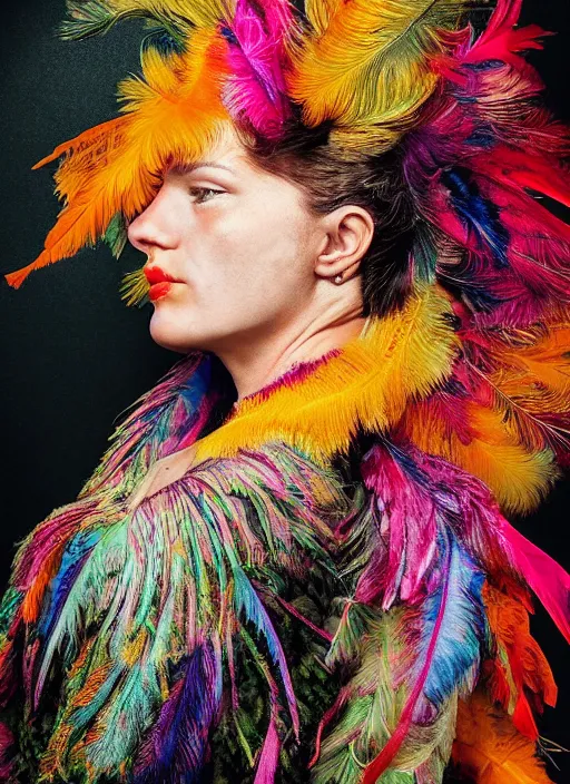 Prompt: a woman's face in profile, made of exotic colourful feathers, in the style of the Dutch masters and Gregory Crewdson, dark and moody