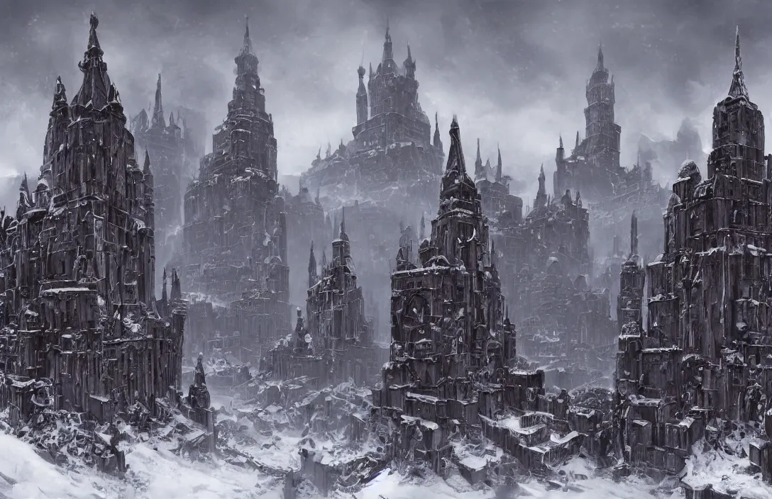 Image similar to The capital of a warhammer 40k imperial russian citadel with black domes and spires, sci fi, located in the frozen northern wastes, soviet tower blocks, neo gothic magnificence, foreboding black steel exterior, snow capped mountains, fantasy, highly detailed, digital painting, artstation, concept art, illustration, art by Bayard Wu and Marc Simonetti and Diego Gisbert Llorens