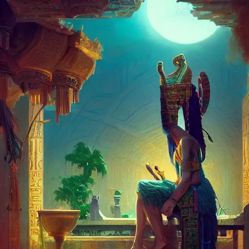 Image similar to highly detailed portrait of thoth the egyptian god, emerald tablets, stephen bliss, unreal engine, fantasy art by greg rutkowski, loish, rhads, ferdinand knab, makoto shinkai and lois van baarle, ilya kuvshinov, rossdraws, tom bagshaw, global illumination, radiant light, detailed and intricate environment