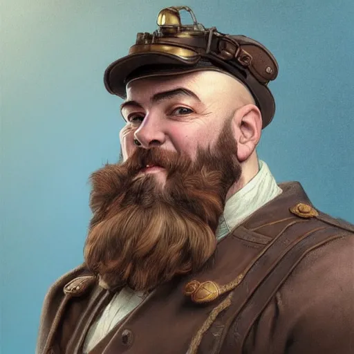 Prompt: Three quarters vintage portrait of a bald male steampunk dwarf with long brown beard, highly detailed, digital painting, art by Stanley Lau and Artgerm and magali villeneuve and Alphonse Mucha, artstation, octane render, cgsociety