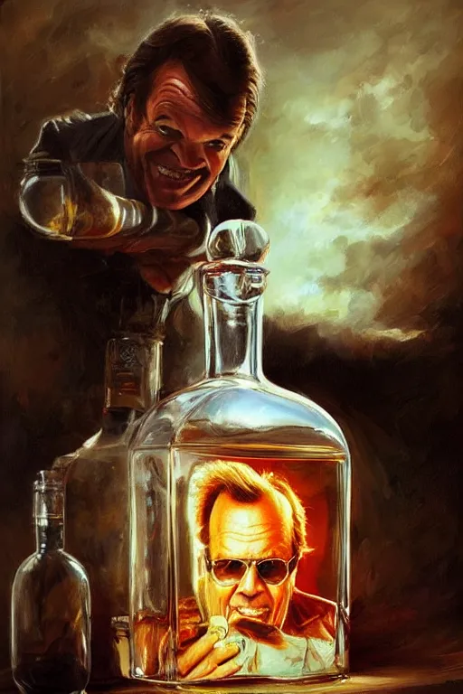 Prompt: a ship in a bottle but instead of a ship it is jack nicholson in the bottle, a young jack nicholson, fancy whiskey bottle, masterpiece painting by artgerm and tom bagshaw