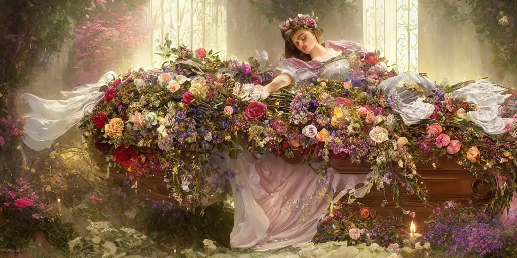 Image similar to an elaborate coffin with a mysterious sleeping beauty holding a large bouquet of flowing flowers,, fantasy, regal, intricate, by stanley artgerm lau, greg rutkowski, thomas kindkade, alphonse mucha, loish, norman rockwell