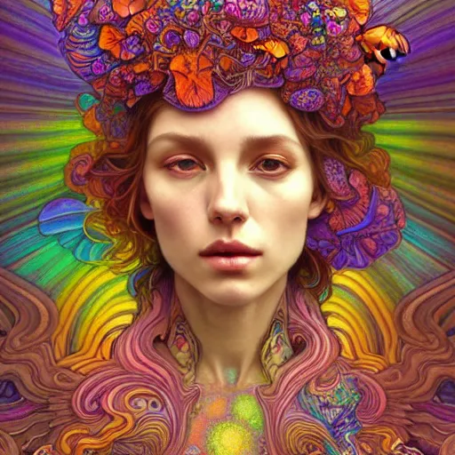 Image similar to An extremely psychedelic experience, reality bending, morphing, transforming, colorful, surreal, magic mushrooms, psilocybin, LSD, face, detailed, intricate, elegant, highly detailed, digital painting, artstation, concept art, smooth, sharp focus, illustration, art by Krenz Cushart and Artem Demura and alphonse mucha