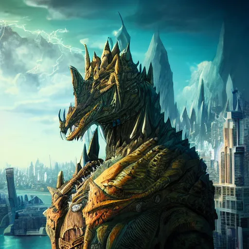 Prompt: giant creature with a city on top of his shoulders, ultra detailed, well composed, epic, beautiful colors, 8 k
