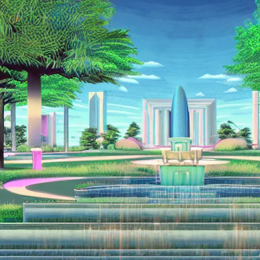 Image similar to art deco vaporwave illustration of a park with trees, benches, and a water feature, in a futuristic pastel city