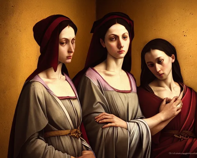 Image similar to photography of the three marys at the sepulchre, deep focus, biblical painting, illustration, art by artgerm and greg rutkowski and caravaggio