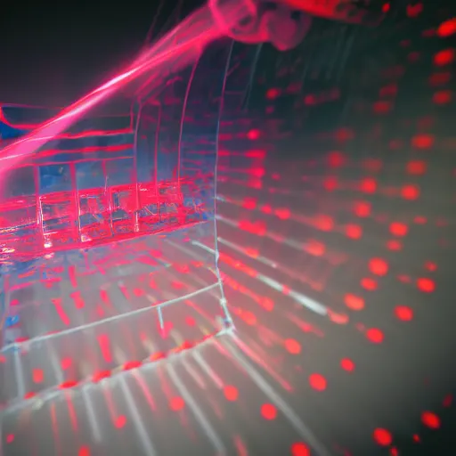 Image similar to a close up of a machine with a red light, a microscopic photo by niels lergaard, shutterstock contest winner, holography, quantum wavetracing, anamorphic lens flare, ray tracing