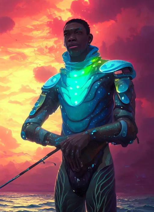 Prompt: portrait of a jamaican fisherman sci - fi glowing fishing armor muscular cyberpunk intricate elegant highly detailed digital painting artstation concept art, ocean fish background, greg rutkowski, loish, rhads, ferdinand knab, makoto shinkai and lois van baarle, ilya kuvshinov, rossdraws, tom bagshaw