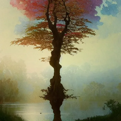 Image similar to a beautifull intricate watercolour painting of beautifull surreal tree in a serene field with lake, reflexions, verry high details by william turner art, greg rutkowski and alphonse mucha, trending on artstation, very very detailed, masterpiece, muted colors