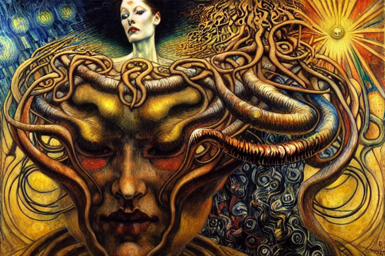 Image similar to Divine Chaos Engine by Karol Bak, Jean Delville, William Blake, Gustav Klimt, and Vincent Van Gogh, symbolist, visionary