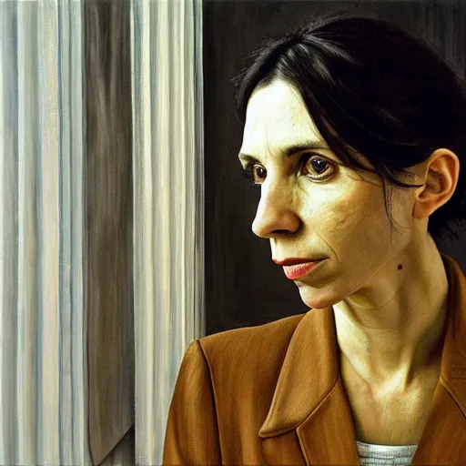 Image similar to high quality high detail painting by lucian freud, hd, portrait of pj harvey, photorealistic lighting