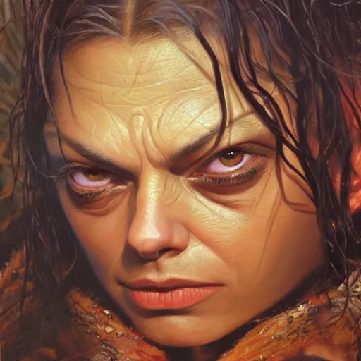 Prompt: detailed portrait of mila kunis as gollum from lord of the rings intricate, hyper detailed, realistic, oil painting, by julie bell, frank frazetta, cinematic lighting