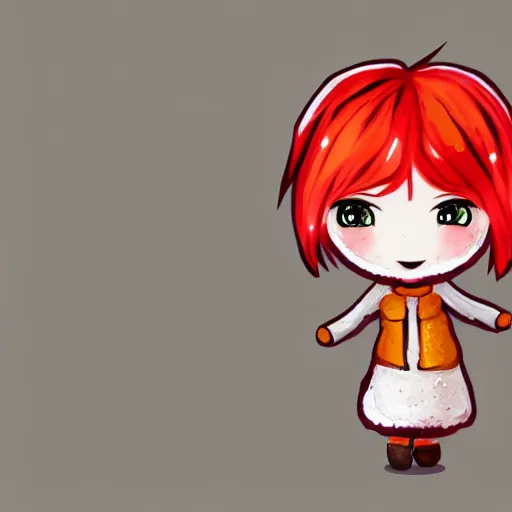 Prompt: a chibi kawaii red haired girl with winter yellow clothe and freckles, winning artstation competition