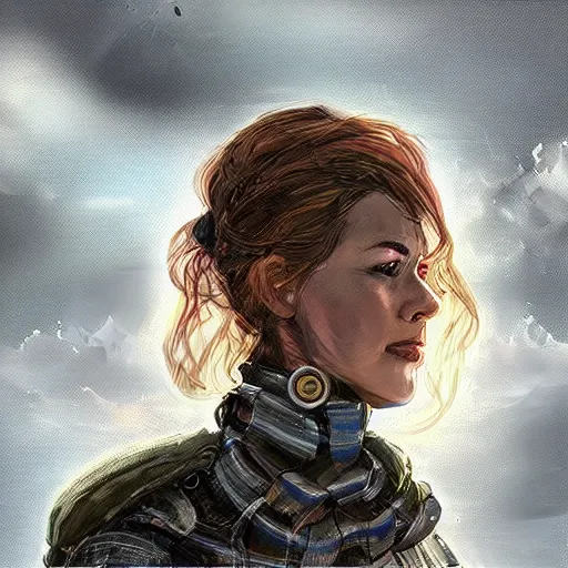 Prompt: “a mid distance portrait of woman wearing a survival outfit, lots of gear. Junkyard in the background. Science fiction. Intricate digital painting. Character portrait. Character design. Concept art. Symmetrical face. Detailed realistic face.”