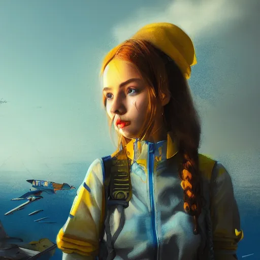 Image similar to ukrainian girl with blue and yellow clothes near big ruined plane, concept art, trending on artstation, highly detailed, intricate, sharp focus, digital art, 8 k