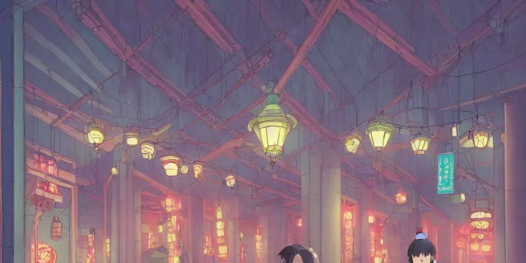 Prompt: bathhouse ( spirited away ), japanese, lanterns. photorealistic, expansive cinematic view, volumetric shading, intricate and detailed, highly saturated colors. breath of the wild style, by hayao miyazaki ghibli!!!. pastel!! pink accents. trending on artstation. award winning
