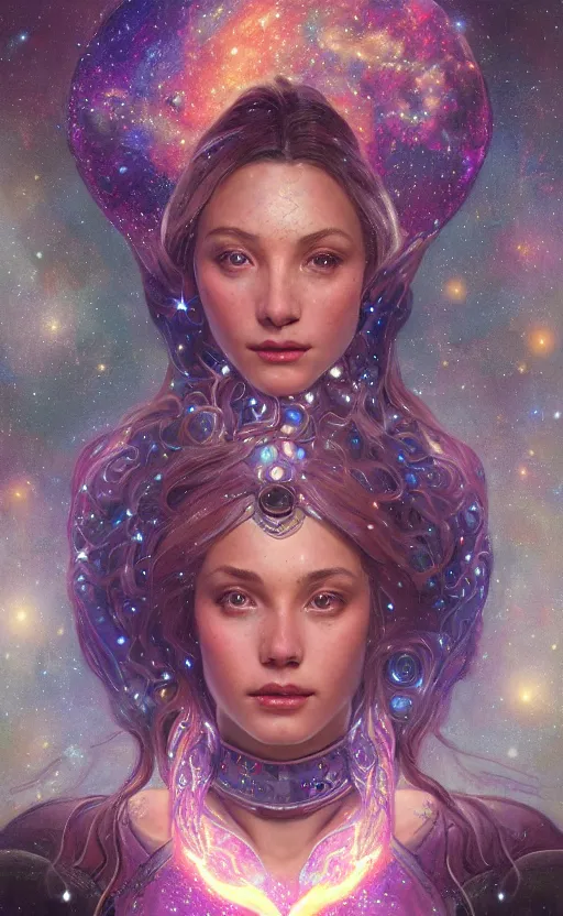 Image similar to portrait of a cosmic goddess, suit made out of stars and galaxies and cosmic energy, intricate, headshot, highly detailed, digital painting, artstation, concept art, sharp focus, cinematic lighting, illustration, art by artgerm and greg rutkowski, alphonse mucha, cgsociety