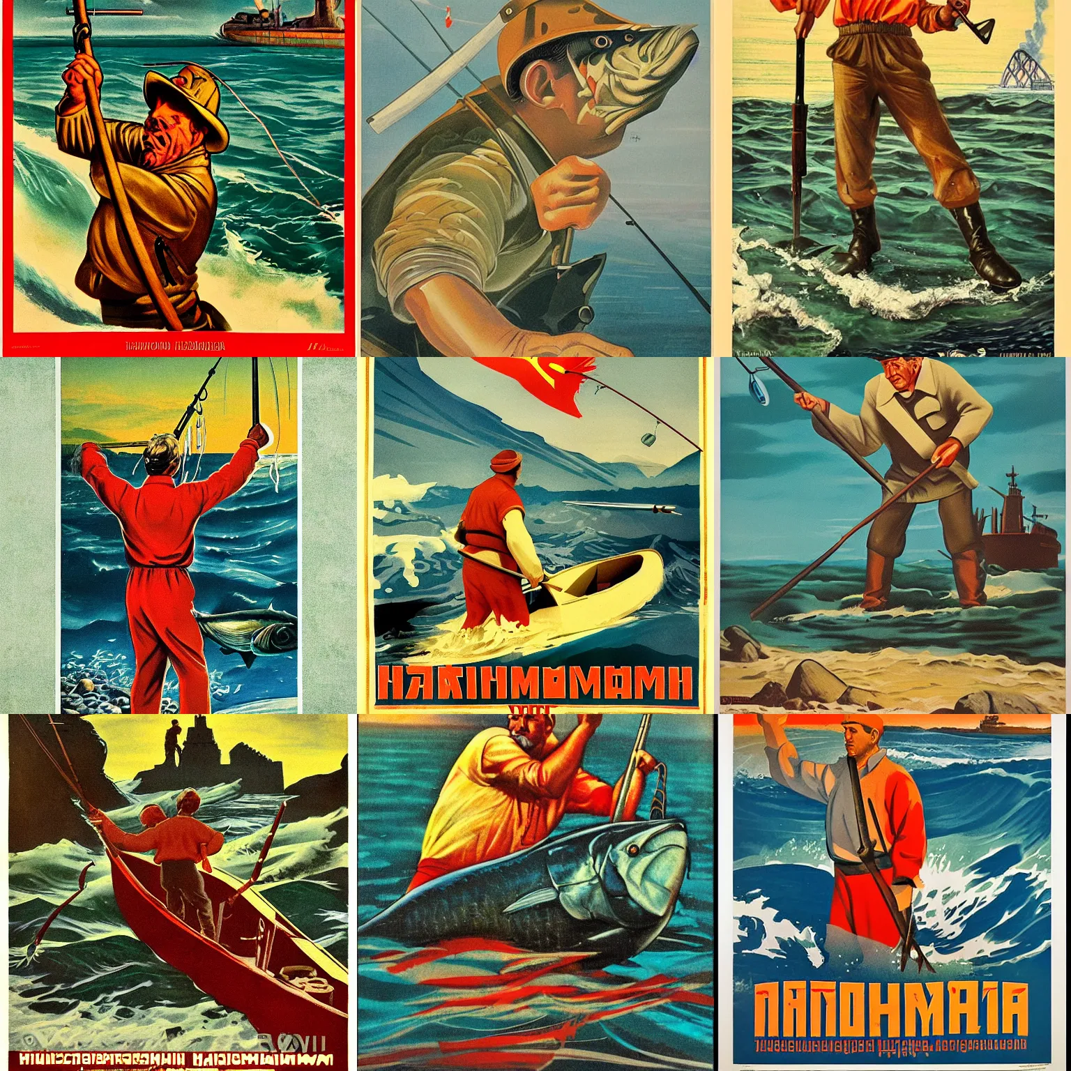 Prompt: heroic fisherman, soviet propaganda, poster, by viktor govorkov, iconic