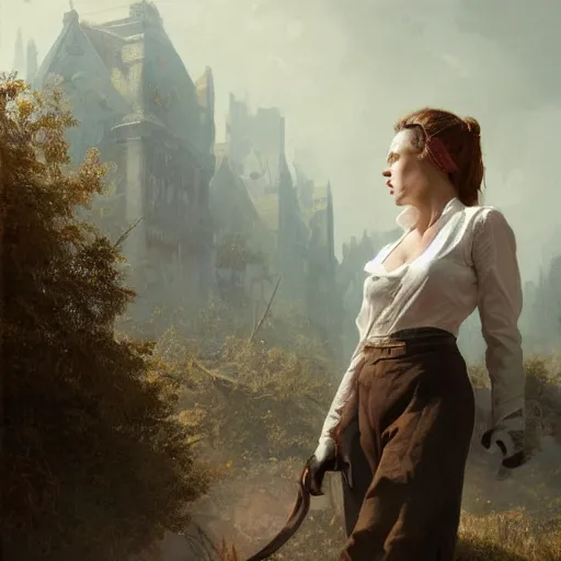 Image similar to a woman wearing a whiteblouse with a lether vest and some gloves, Matte painting , detailed painting, greg rutkowski