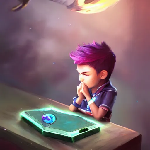 Prompt: a kid sad playing league of legends alone, trending on artstation, hyperrealistic