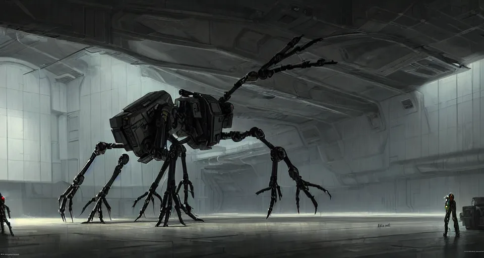 Image similar to hyper realistic sci - fi matte concept art painting of a spider - shaped mecha in a starship hanger, beautiful details, strong composition painted by kim jung guweta studio rutkowski, james gurney and greg rutkowski, and lucasfilm, smooth, intricate, detailed, sharp focus, cinematic