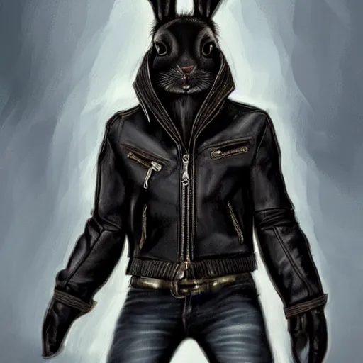 Prompt: A bunny with a small head wearing a fine intricate leather jacket and leather jeans and leather gloves, trending on FurAffinity, energetic, dynamic, digital art, highly detailed