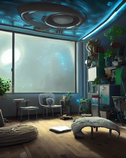 Image similar to artstation scifi scene of a safe room as ikea ad, lounge furniture, sky mural on the room ceiling, holographic nature art walls, large terrarium, paneled walls, unreal engine 5, hyper realism, realistic shading, cinematic composition, blender render, octane render, hdr, detailed textures, photorealistic, wide shot