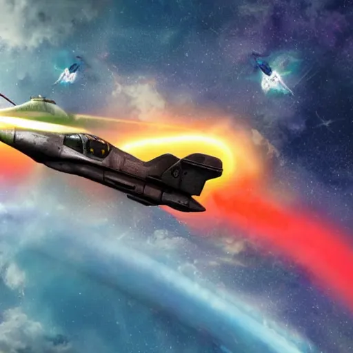 Image similar to photo, a futuristic space fighter modeled after a spitfire plane, flying through colorful clouds of smoke inside an intense space battle