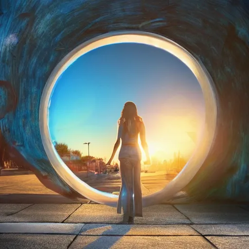 Prompt: a woman facing a blue interdimensional portal on the street, rip in spacetime beach at sunset, rutkowski, fantasy, rim lighting