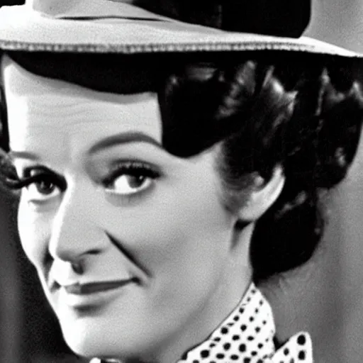 Image similar to A photo of Mary poppins. She is looking at the camera with a slight smile. Full shot camera angle.