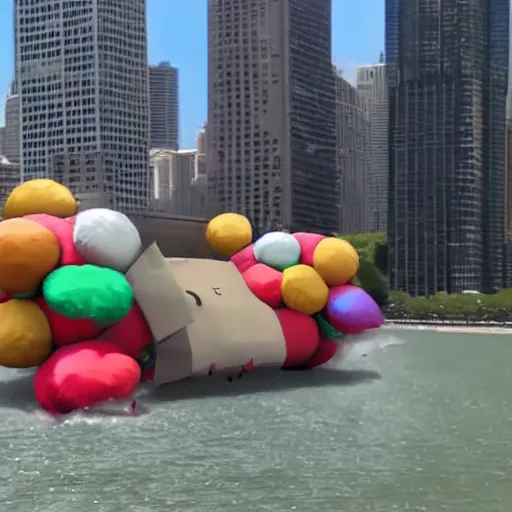 Prompt: live footage of a giant katamari rolling down chicago's lake shore drive, 4 k screen capture