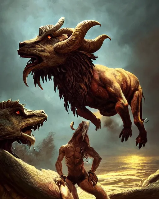 Prompt: oil painting of a Anthropomorphized chimaera with goat head, snake head, lion head, sharp focus, heroic pose, fantasy style, octane render, volumetric lighting, 8k high definition, by greg rutkowski, highly detailed, trending on art Station, magic the gathering artwork, Woodland background, centered, symmetrical, tarot card art