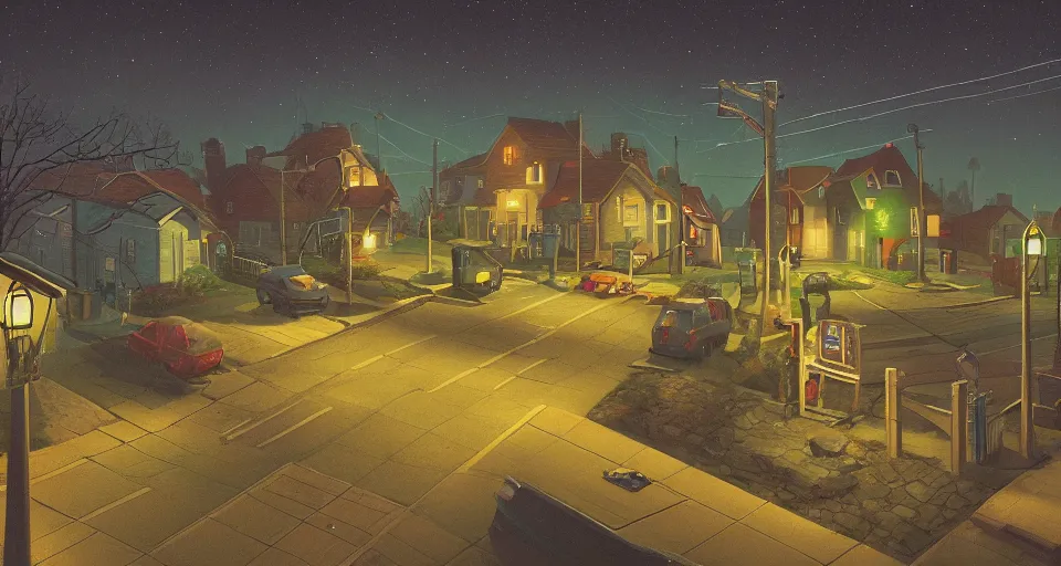 Prompt: a quaint suburban street at night inspired by simon stalenhag