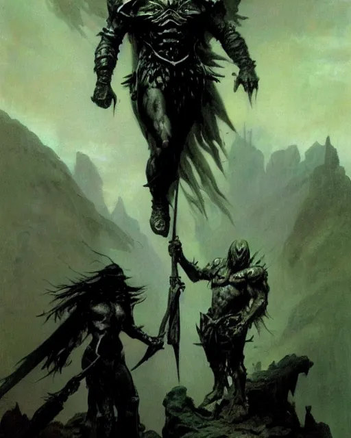 Image similar to the death knight by Frank Frazetta. Thomas Cole and Wayne Barlowe