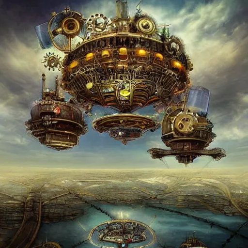 Prompt: flying city in a mechanical flower, flying city in a mechanical flower, detailed, sky, fantasy art, steampunk, masterpiece